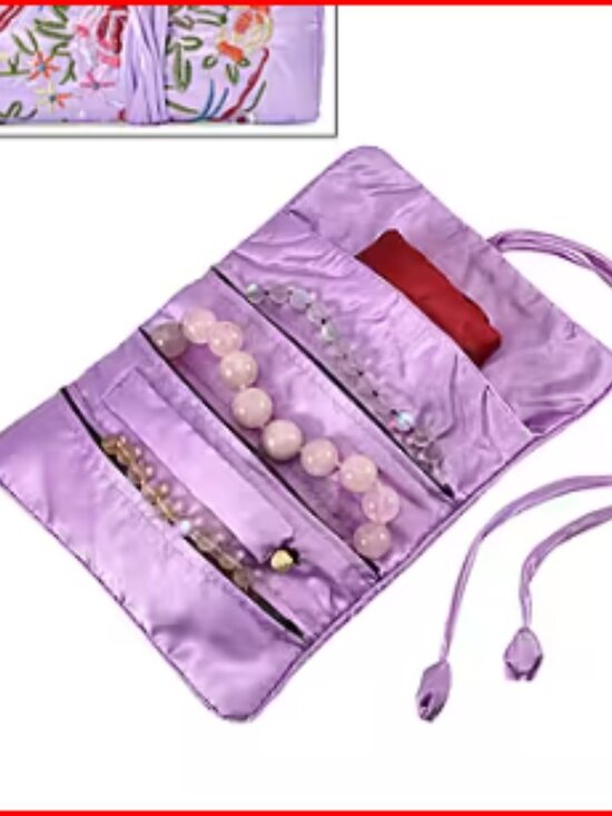 Jewelry - Jewelry Roll Organizer Light Purple Satin Floral Embroidery Pattern